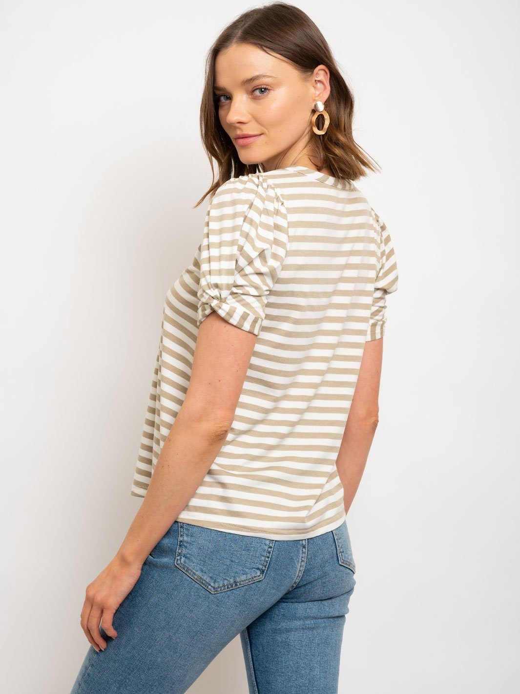 WOMEN'S STRIPE ROLL UP SHORT SLEEVE TOP