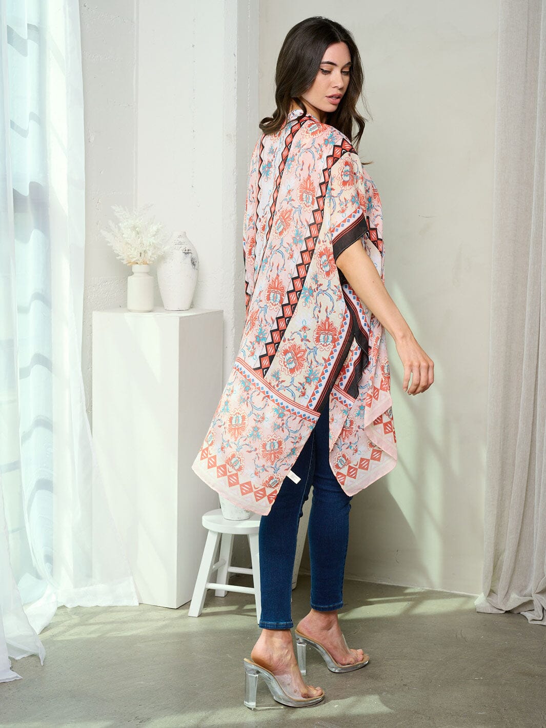 WOMEN'S SHORT SLEEVE OPEN FRONT FLOWERS PRINT KIMONO