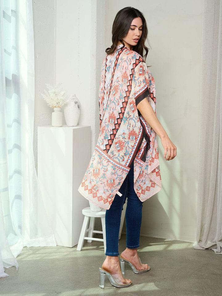 WOMEN'S SHORT SLEEVE OPEN FRONT FLOWERS PRINT KIMONO