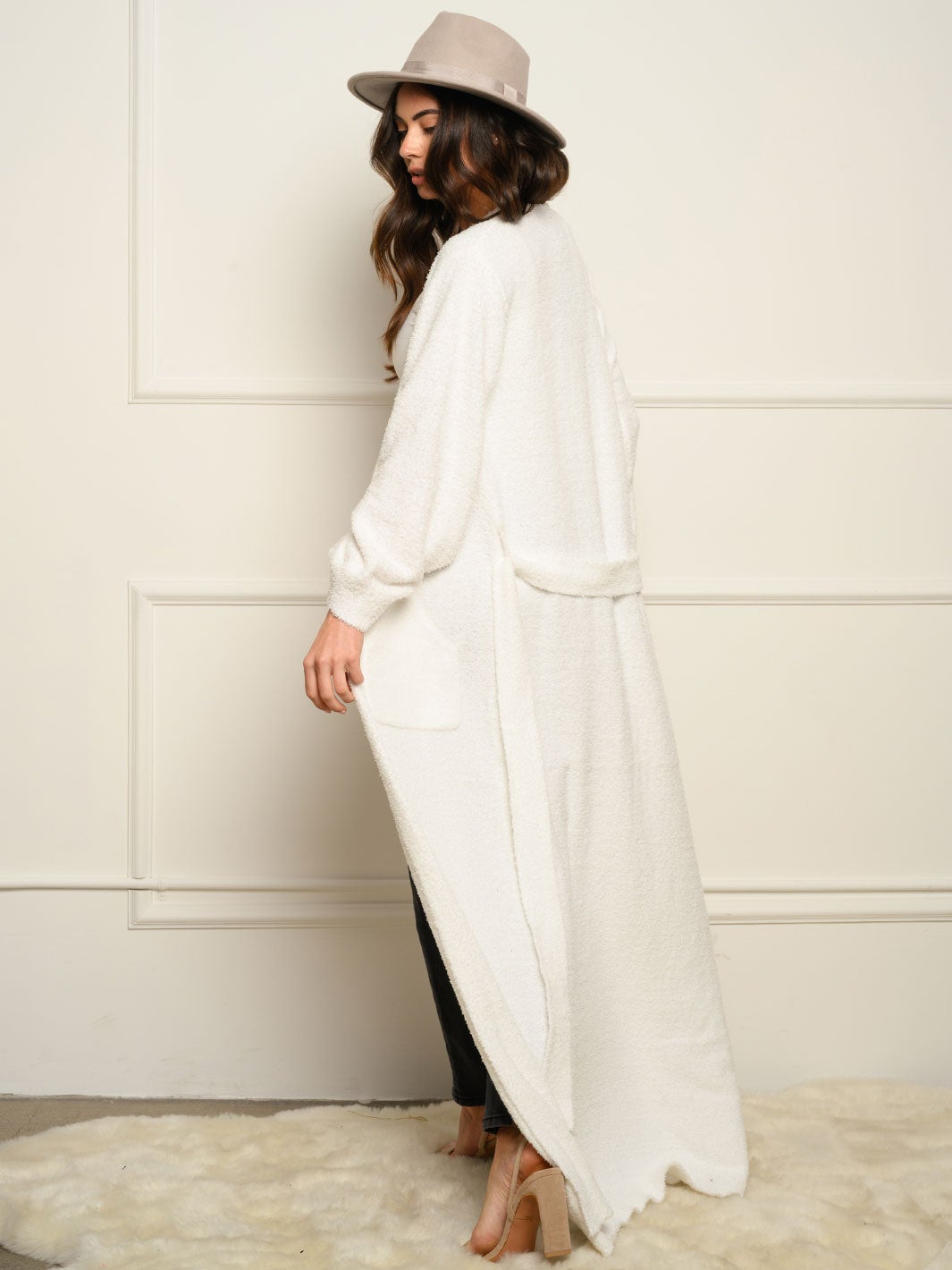 WOMEN'S LONG SLEEVE SELF TIE FUZZY CARDIGAN