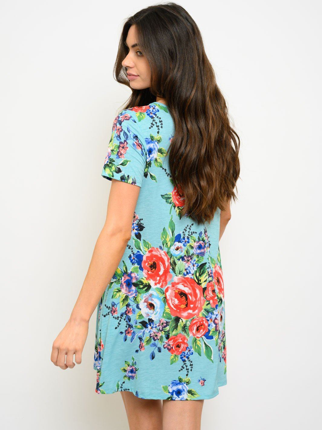 WOMEN'S SHORT SLEEVE FLORAL TUNIC MINI DRESS