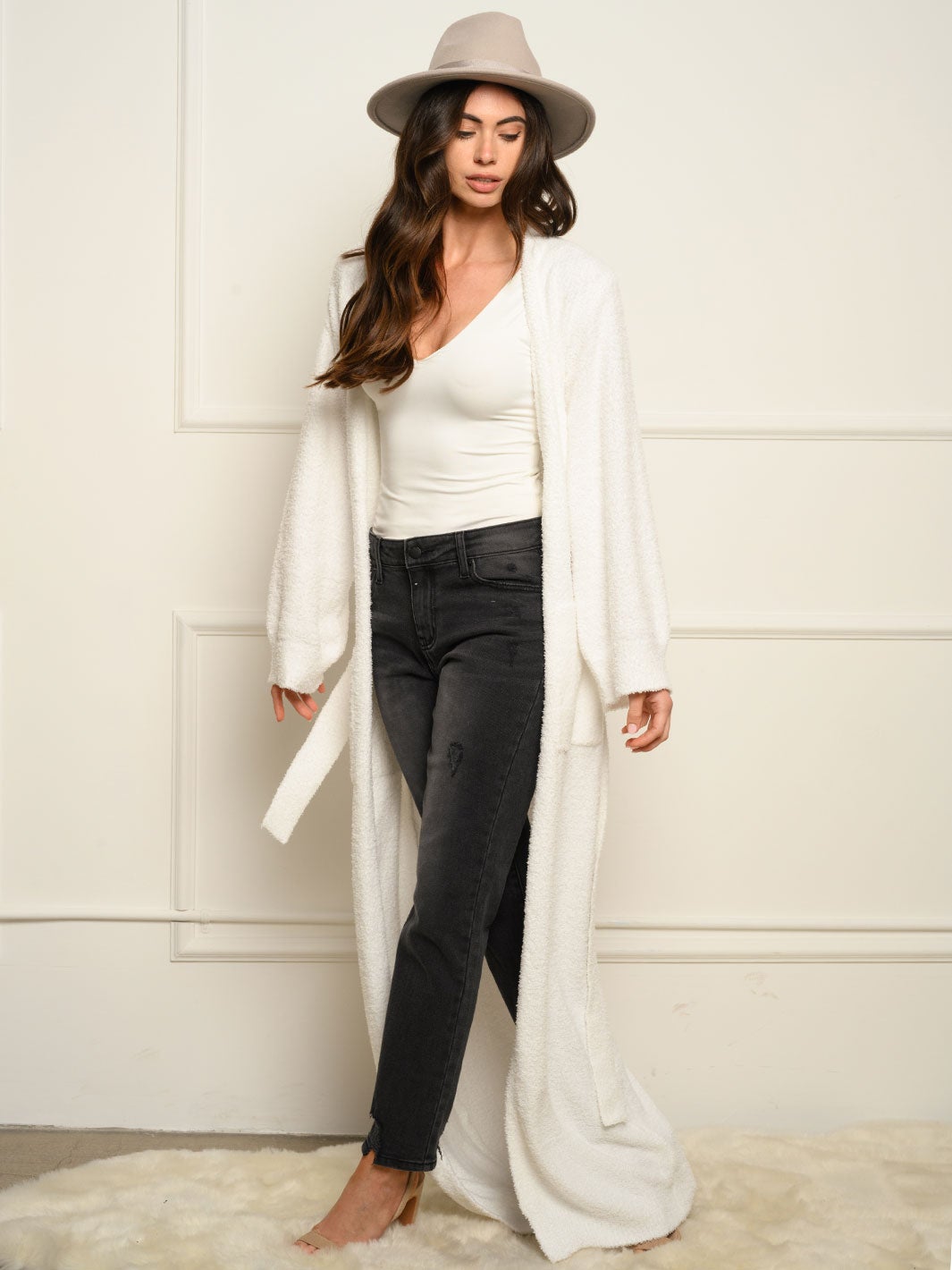 WOMEN'S LONG SLEEVE SELF TIE FUZZY CARDIGAN