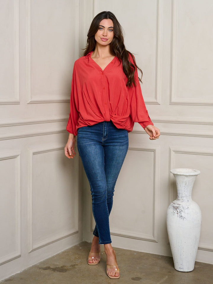 WOMEN'S LONG SLEEVE FRONT TWIST BUTTON UP TOP