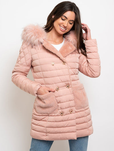 WOMEN'S MID LENGTH HOODED FAUX FUR LINED QUILTED COAT