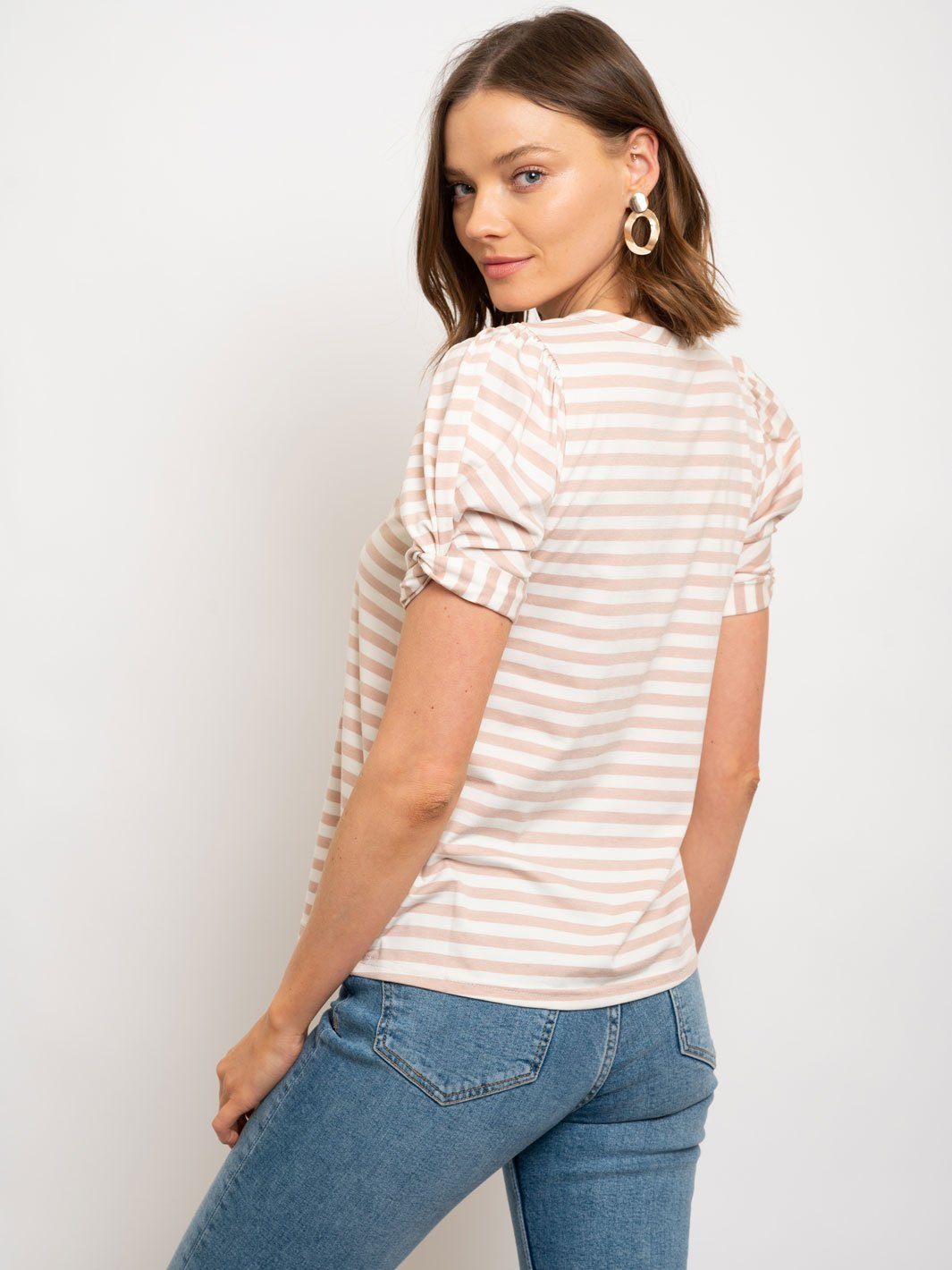 WOMEN'S STRIPE ROLL UP SHORT SLEEVE TOP