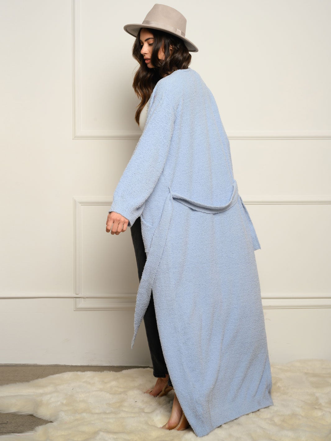 WOMEN'S LONG SLEEVE SELF TIE FUZZY CARDIGAN