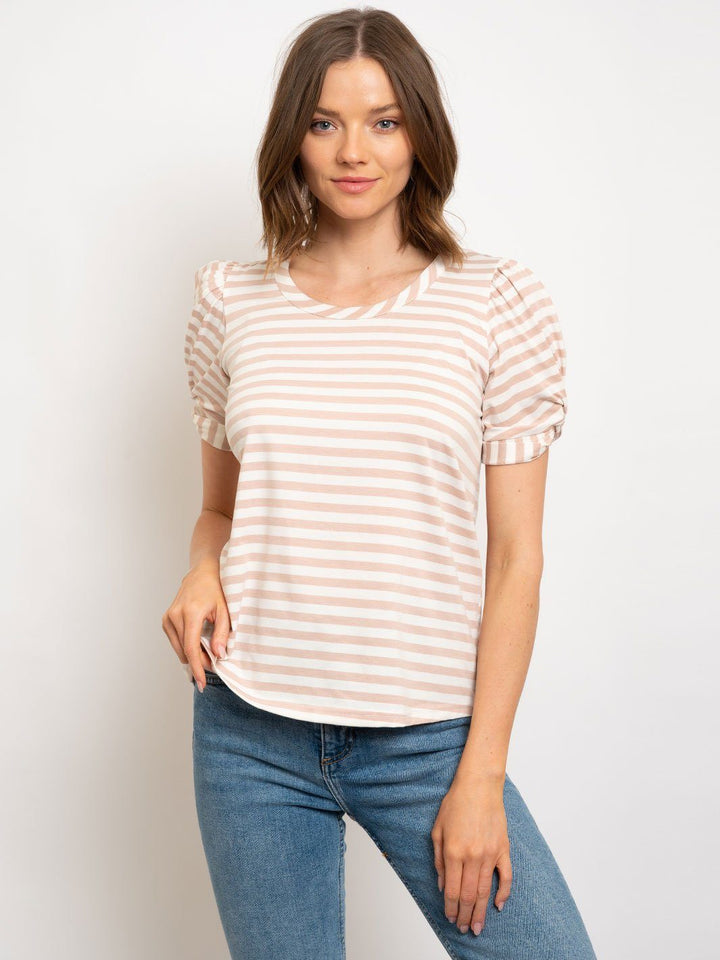 WOMEN'S STRIPE ROLL UP SHORT SLEEVE TOP