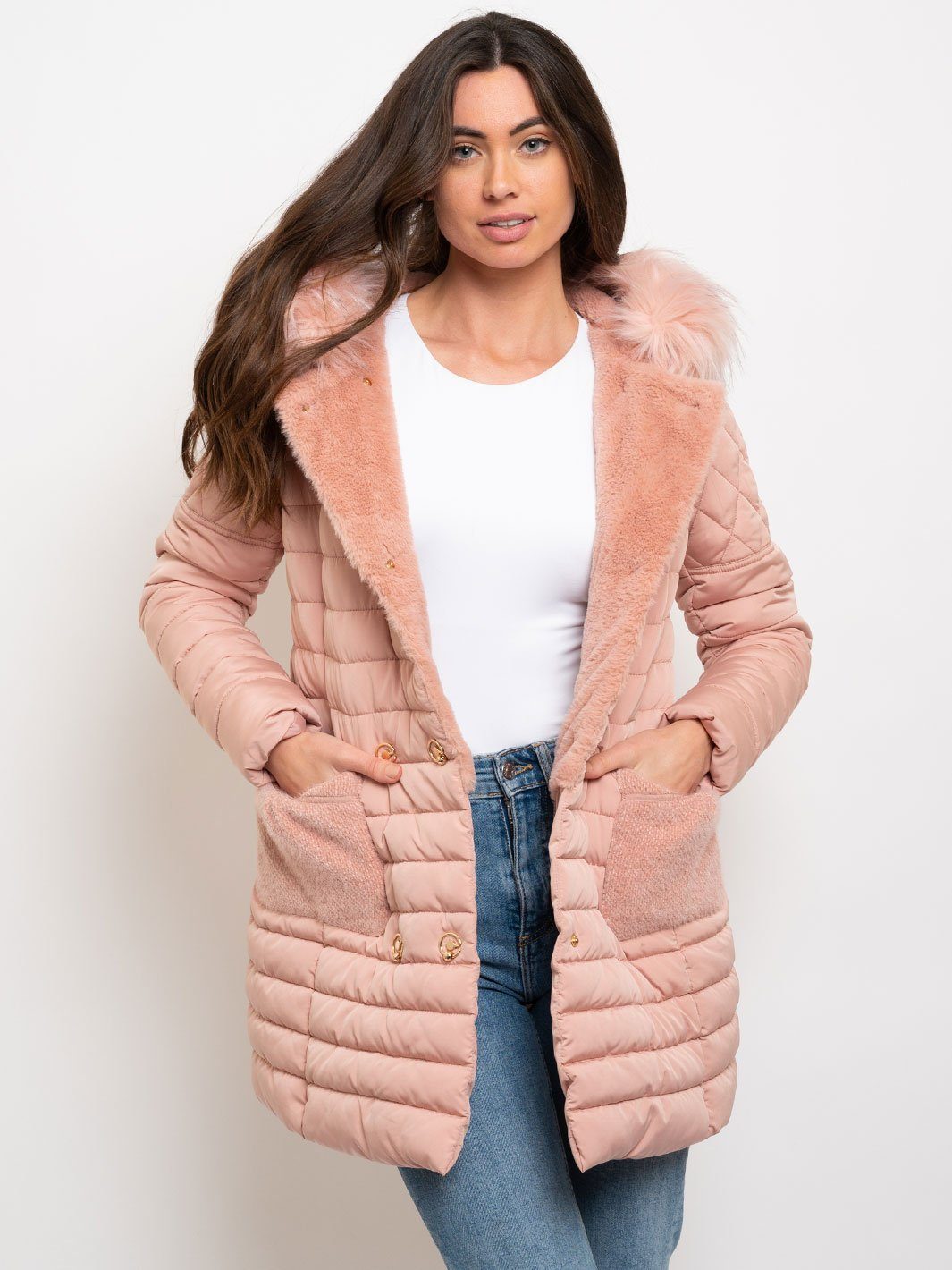 WOMEN'S MID LENGTH HOODED FAUX FUR LINED QUILTED COAT