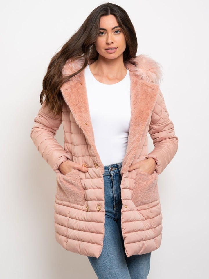 WOMEN'S MID LENGTH HOODED FAUX FUR LINED QUILTED COAT