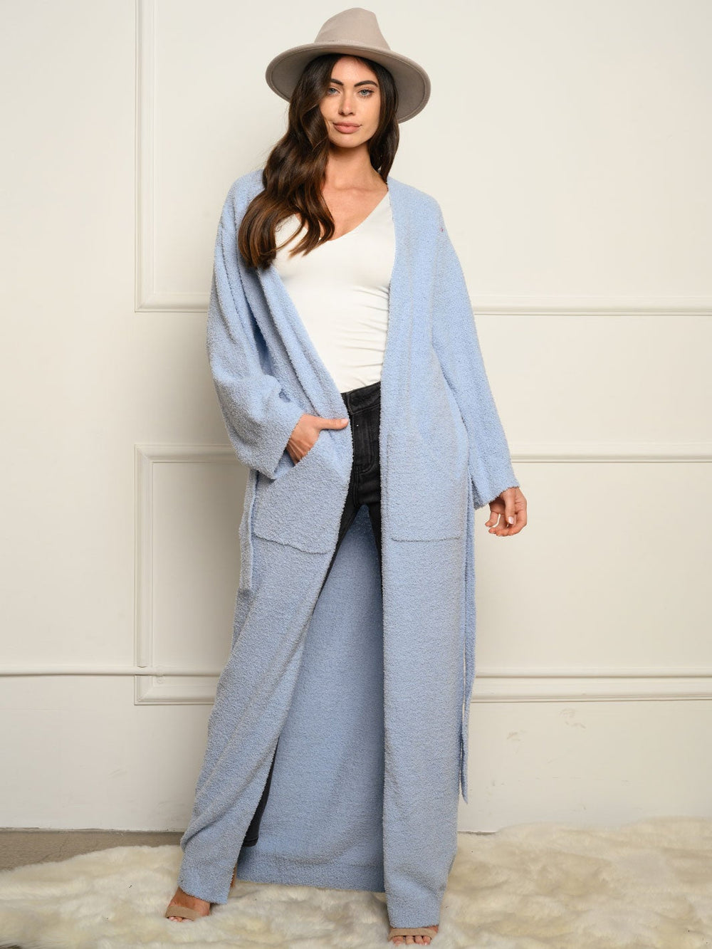 WOMEN'S LONG SLEEVE SELF TIE FUZZY CARDIGAN