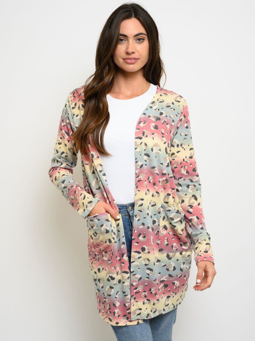WOMEN'S ANIMAL PRINT MULTI COLOR POCKETS CARDIGAN