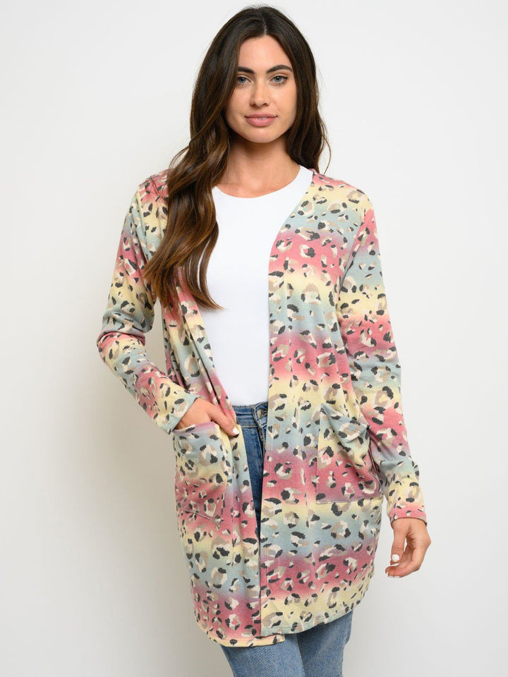 WOMEN'S ANIMAL PRINT MULTI COLOR POCKETS CARDIGAN