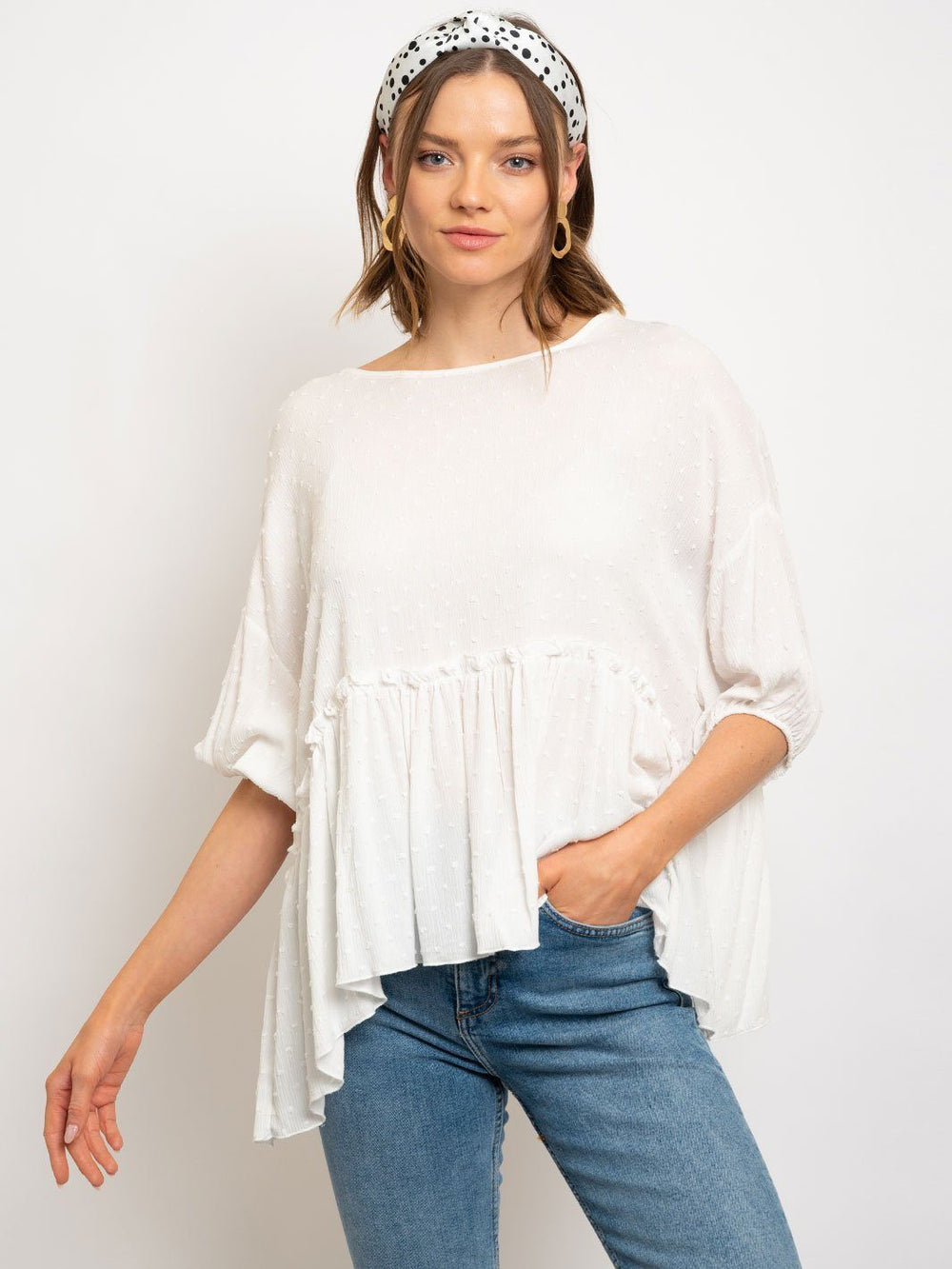 WOMEN'S WHITE 3/4 SLEEVES TUNIC TOP