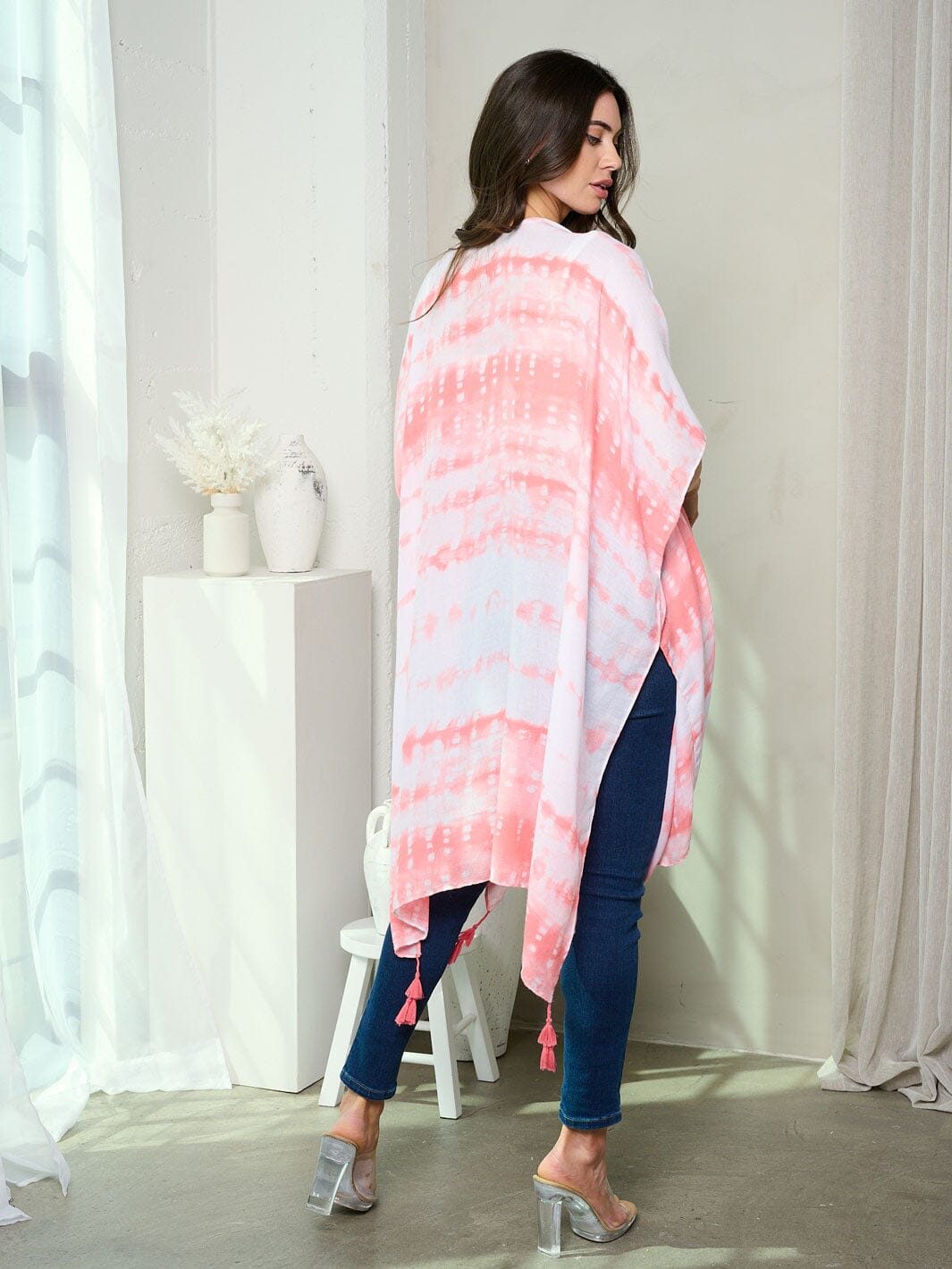 WOMEN'S SHORT SLEEVE OPEN FRONT TASSEL DETAILED TYE DIE KIMONO