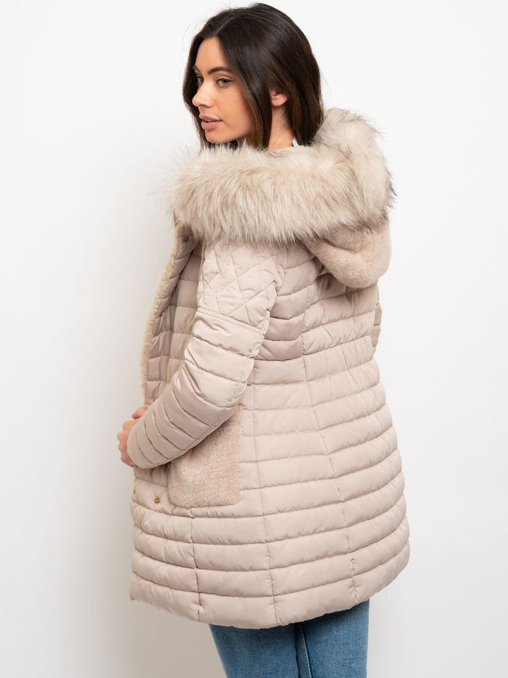 WOMEN'S MID LENGTH HOODED FAUX FUR LINED QUILTED COAT