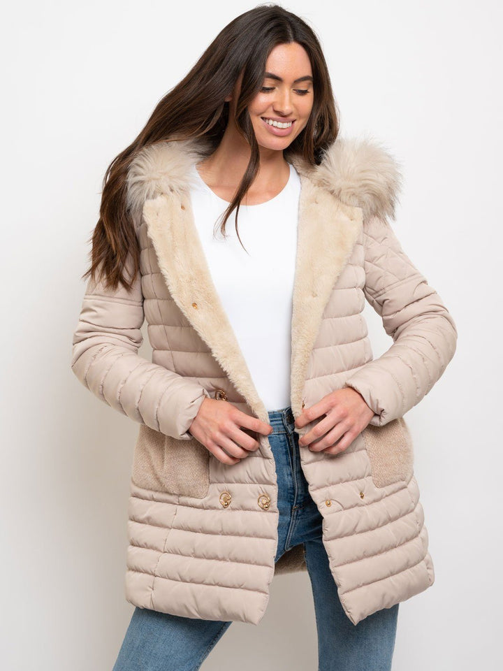 WOMEN'S MID LENGTH HOODED FAUX FUR LINED QUILTED COAT