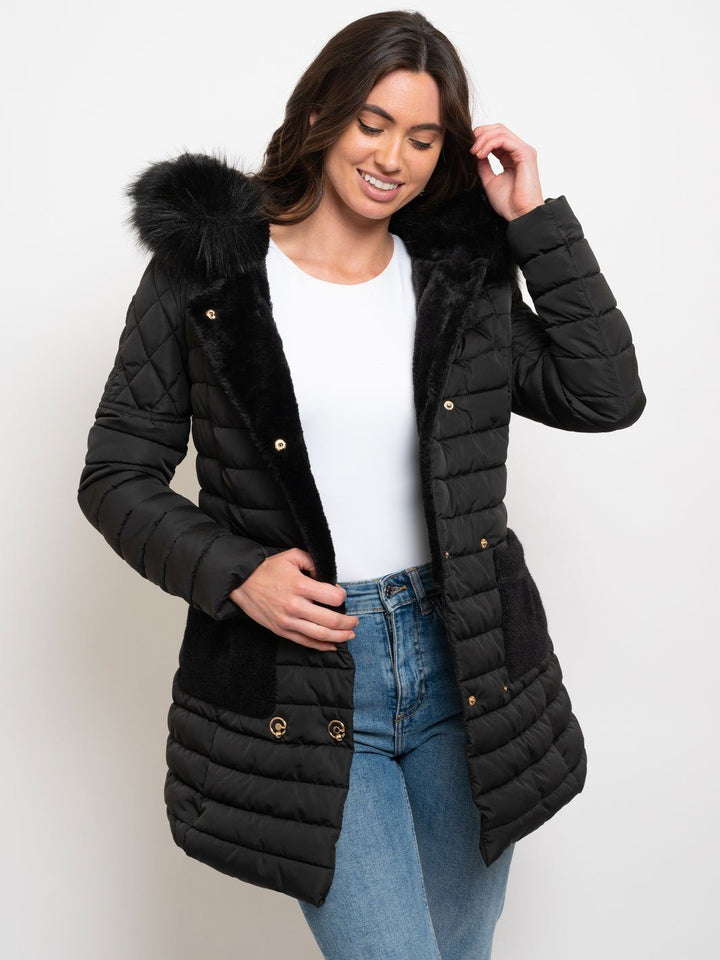 WOMEN'S MID LENGTH HOODED FAUX FUR LINED QUILTED COAT
