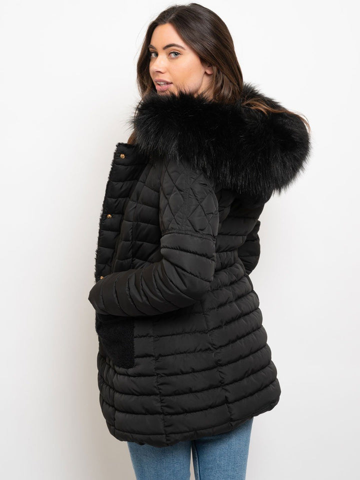 WOMEN'S MID LENGTH HOODED FAUX FUR LINED QUILTED COAT