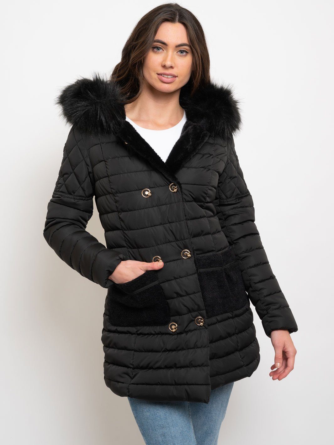 WOMEN'S MID LENGTH HOODED FAUX FUR LINED QUILTED COAT