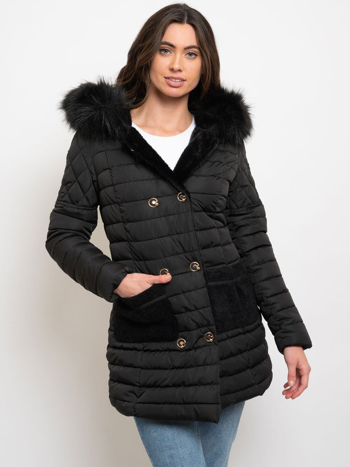 WOMEN'S MID LENGTH HOODED FAUX FUR LINED QUILTED COAT