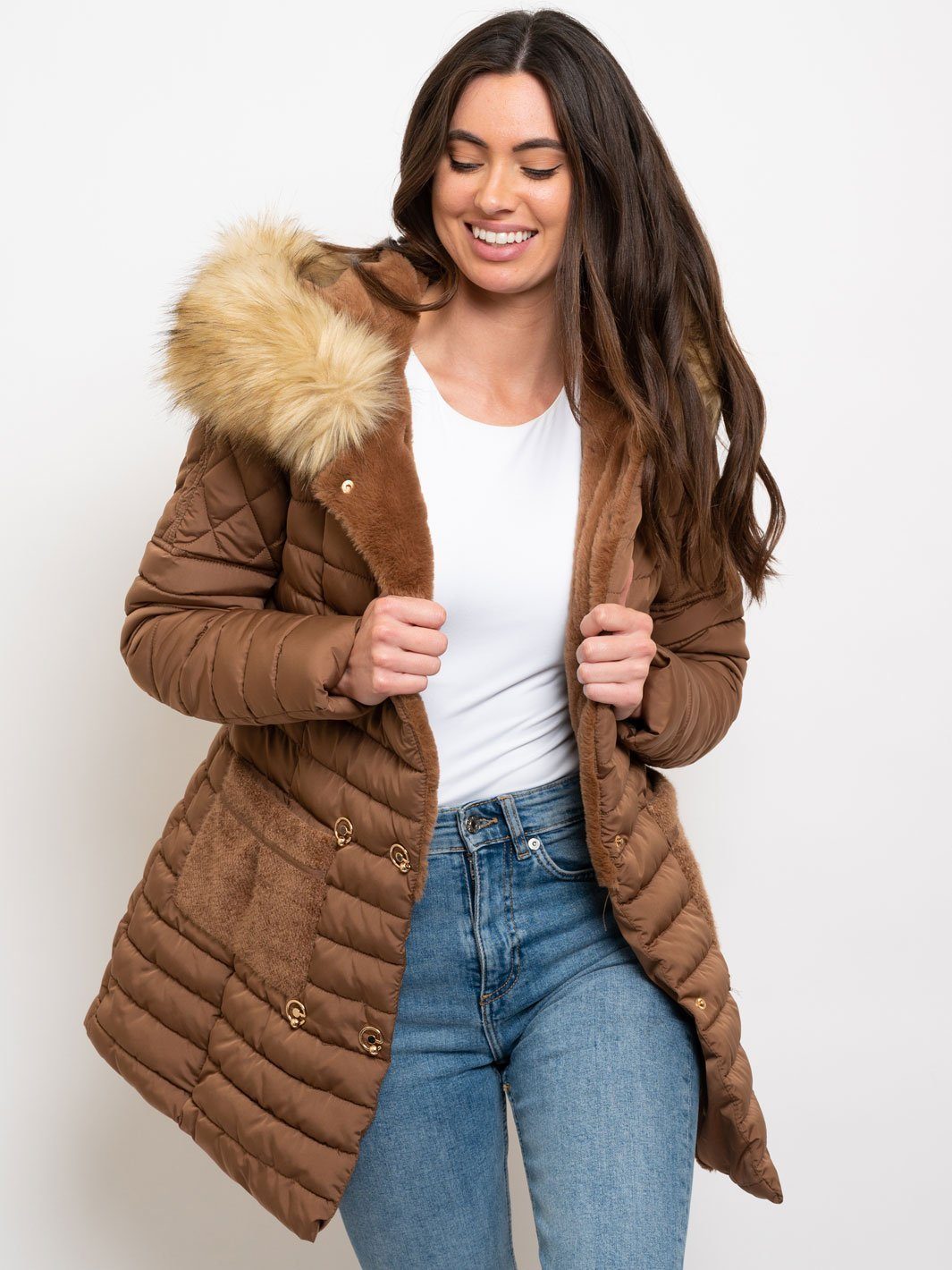 WOMEN'S MID LENGTH HOODED FAUX FUR LINED QUILTED COAT
