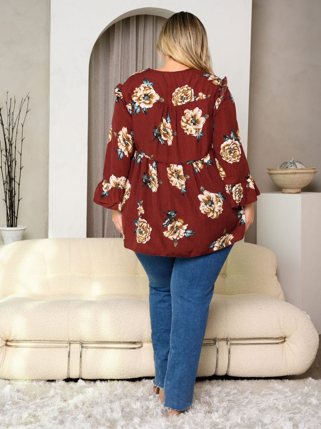 PLUS SIZE LONG SLEEVE FRONT TIE FLORAL PRINT TUNIC TOP