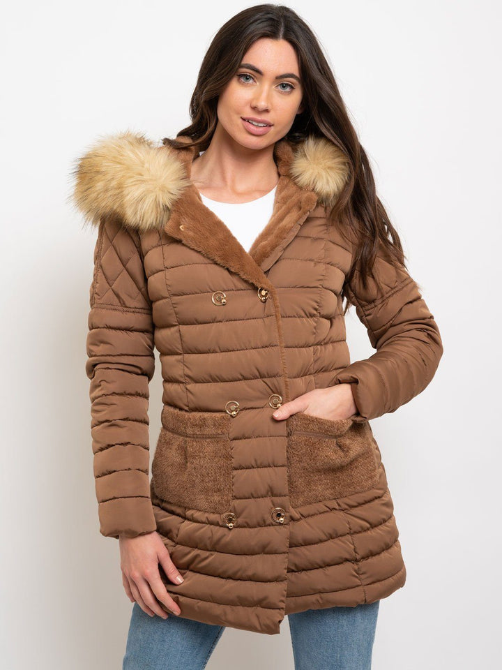WOMEN'S MID LENGTH HOODED FAUX FUR LINED QUILTED COAT