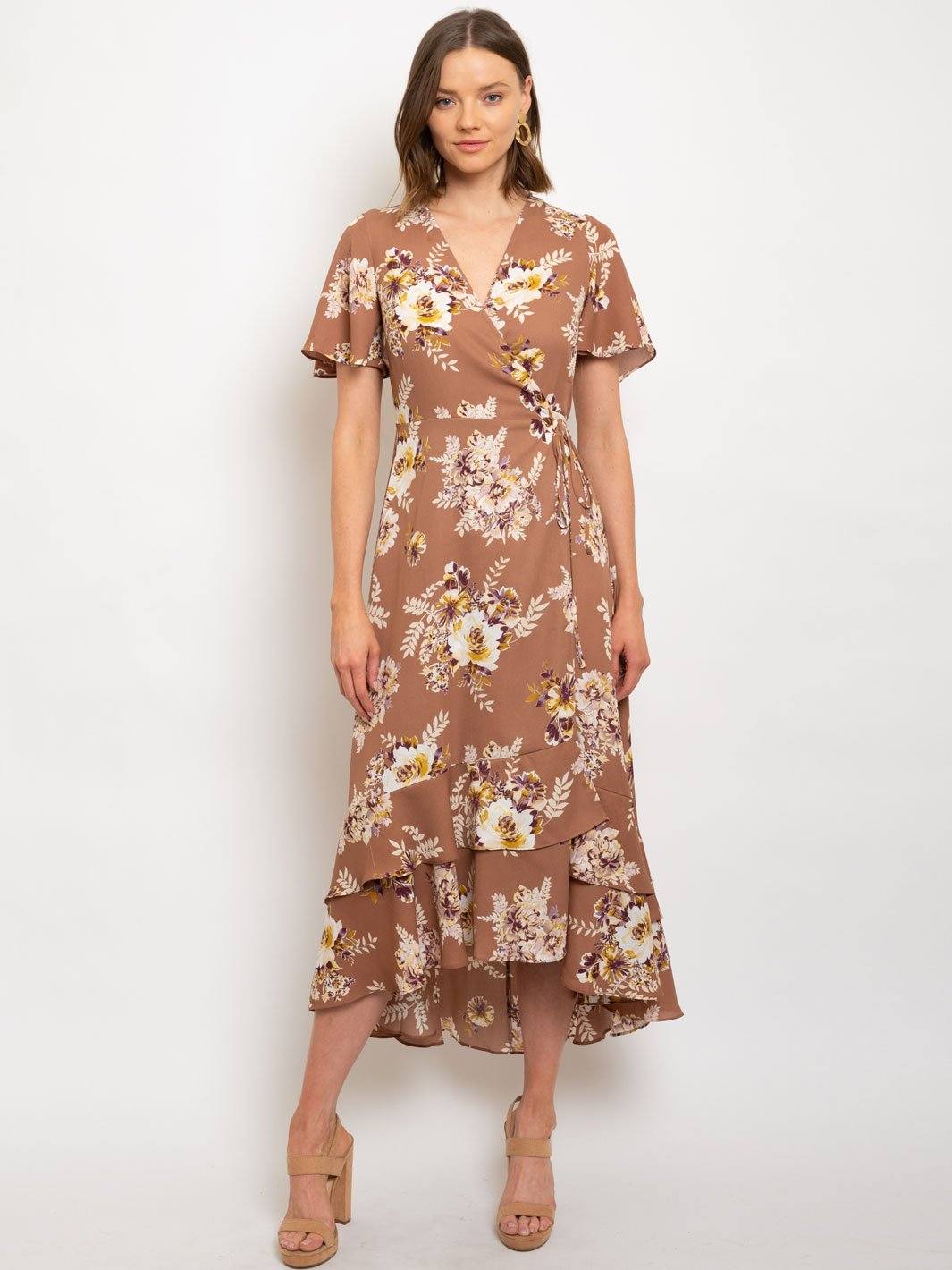WOMEN'S FLOWER PRINT WOOL DOBBY WRAP MIDI DRESS