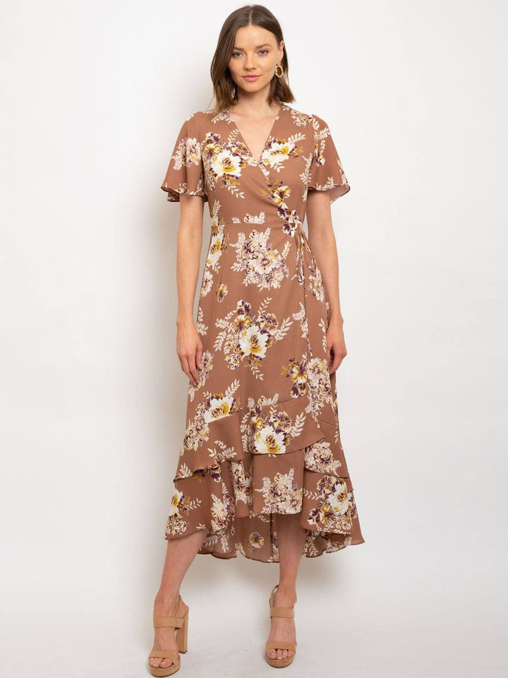 WOMEN'S FLOWER PRINT WOOL DOBBY WRAP MIDI DRESS