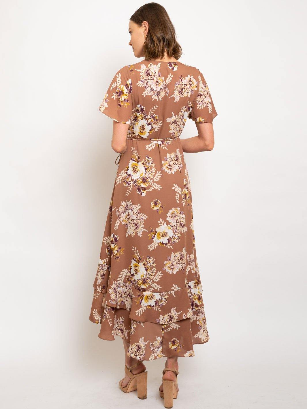 WOMEN'S FLOWER PRINT WOOL DOBBY WRAP MIDI DRESS