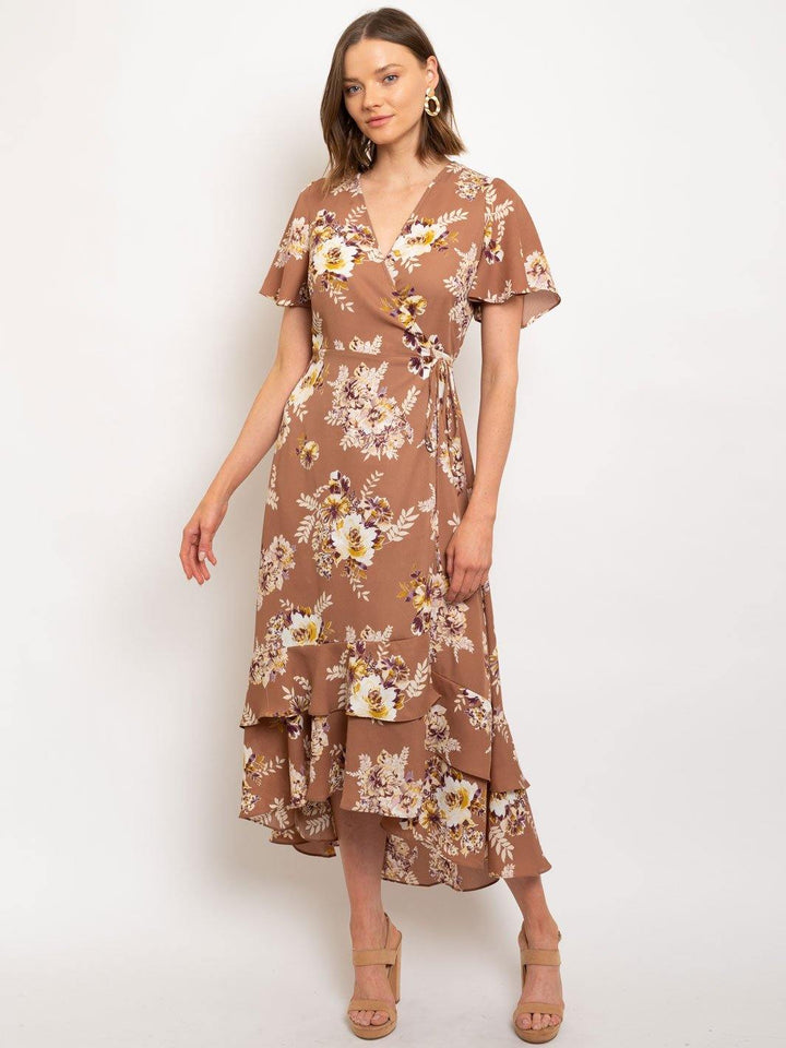 WOMEN'S FLOWER PRINT WOOL DOBBY WRAP MIDI DRESS