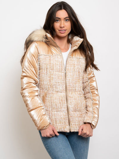 WOMEN'S HOODED FAUX FUR LINED FAUX TWEED QUILTED JACKET