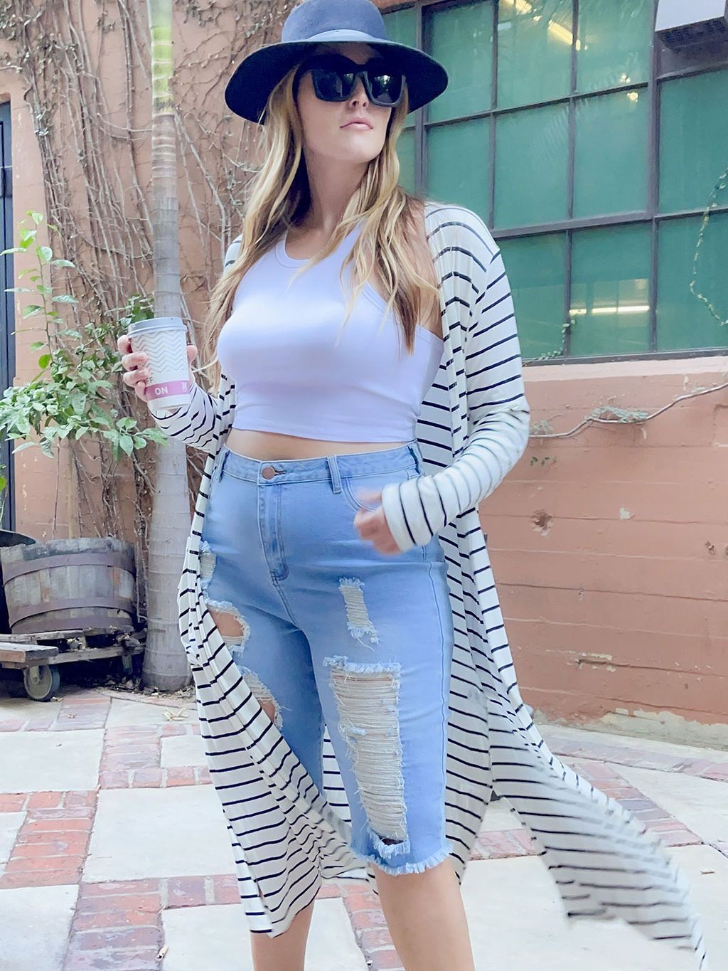 PLUS SIZE STRIPES WITH POCKETS LONG SLEEVE CARDIGAN