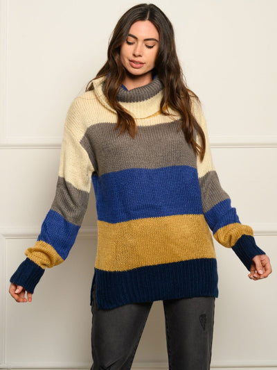 WOMEN'S LONG SLEEVES COLOR BLOCK TURTLE NECK SWEATER