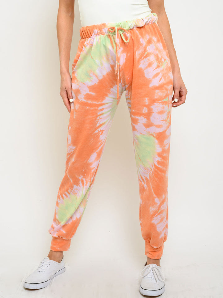 WOMEN'S SELF TIE POCKETS TIE DYE PRINT PANTS