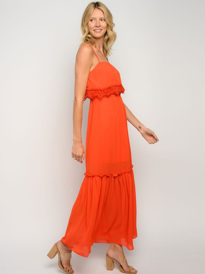WOMEN'S RUFFLE CROCHET DETAIL MAXI DRESS