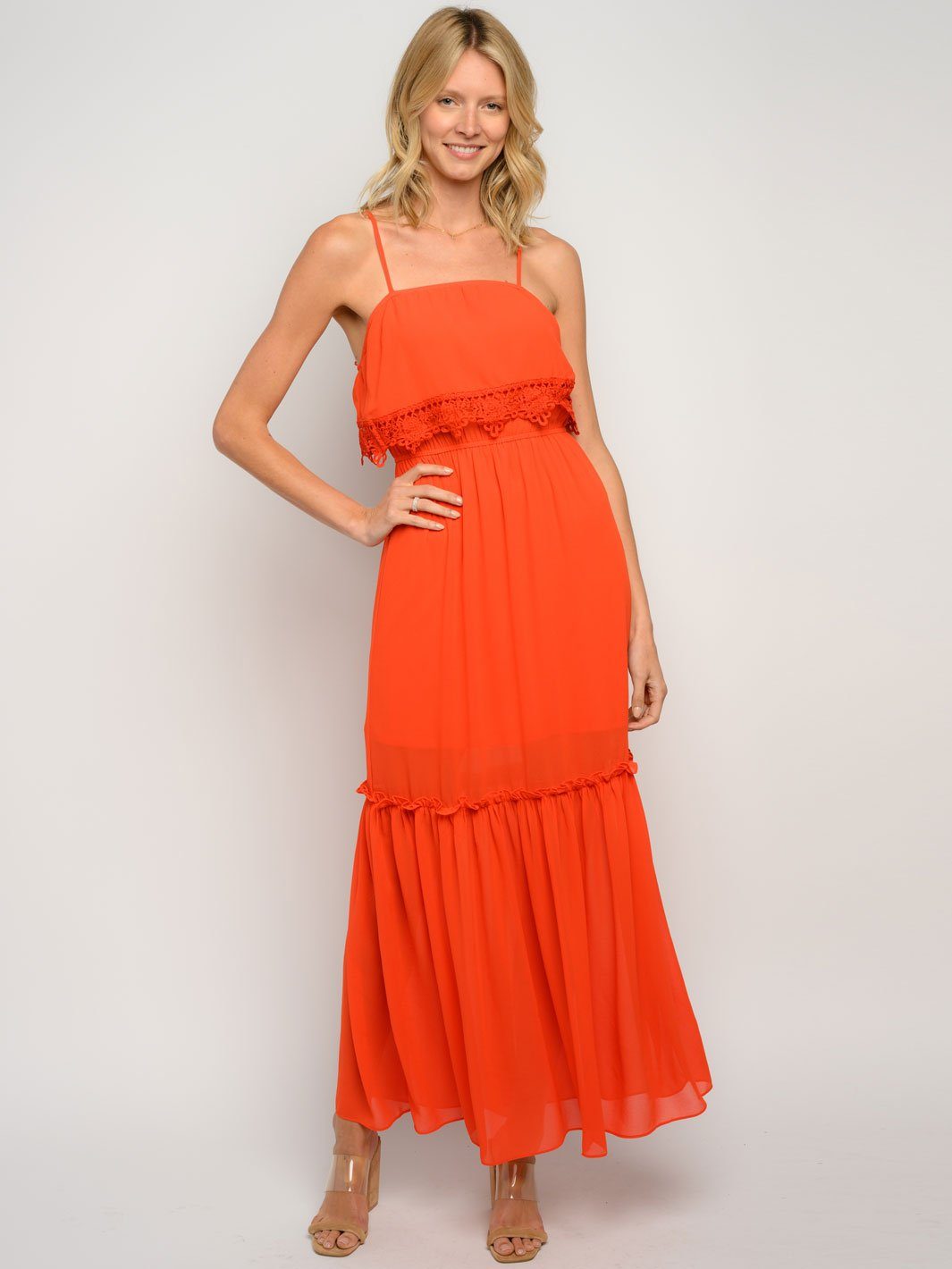 WOMEN'S RUFFLE CROCHET DETAIL MAXI DRESS