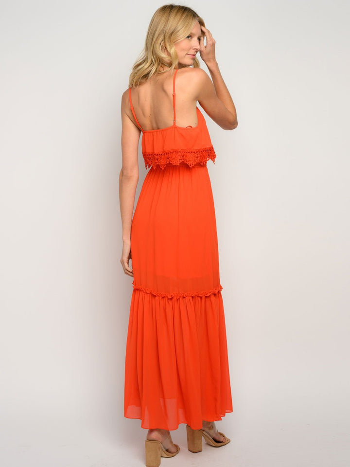 WOMEN'S RUFFLE CROCHET DETAIL MAXI DRESS