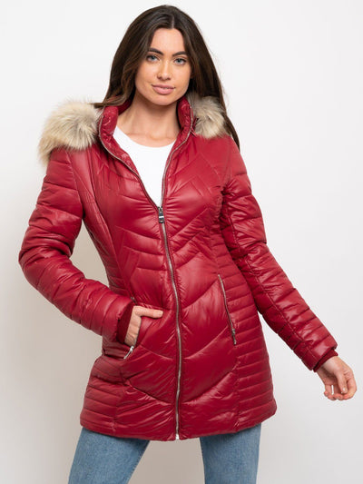 WOMEN'S LONG HOODED FAUX FUR LINED QUILTED JACKET