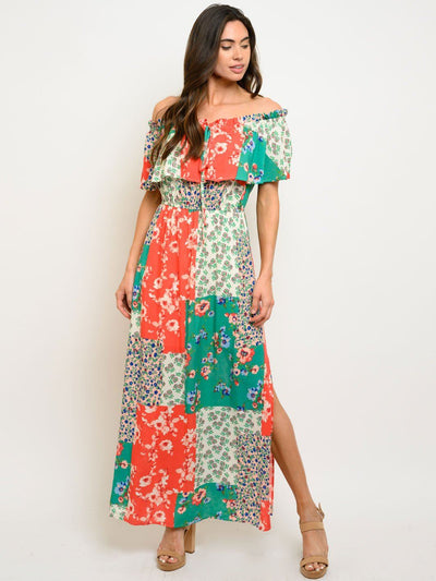 WOMEN'S MULTI PRINT OFF SHOULDER MAXI DRESS