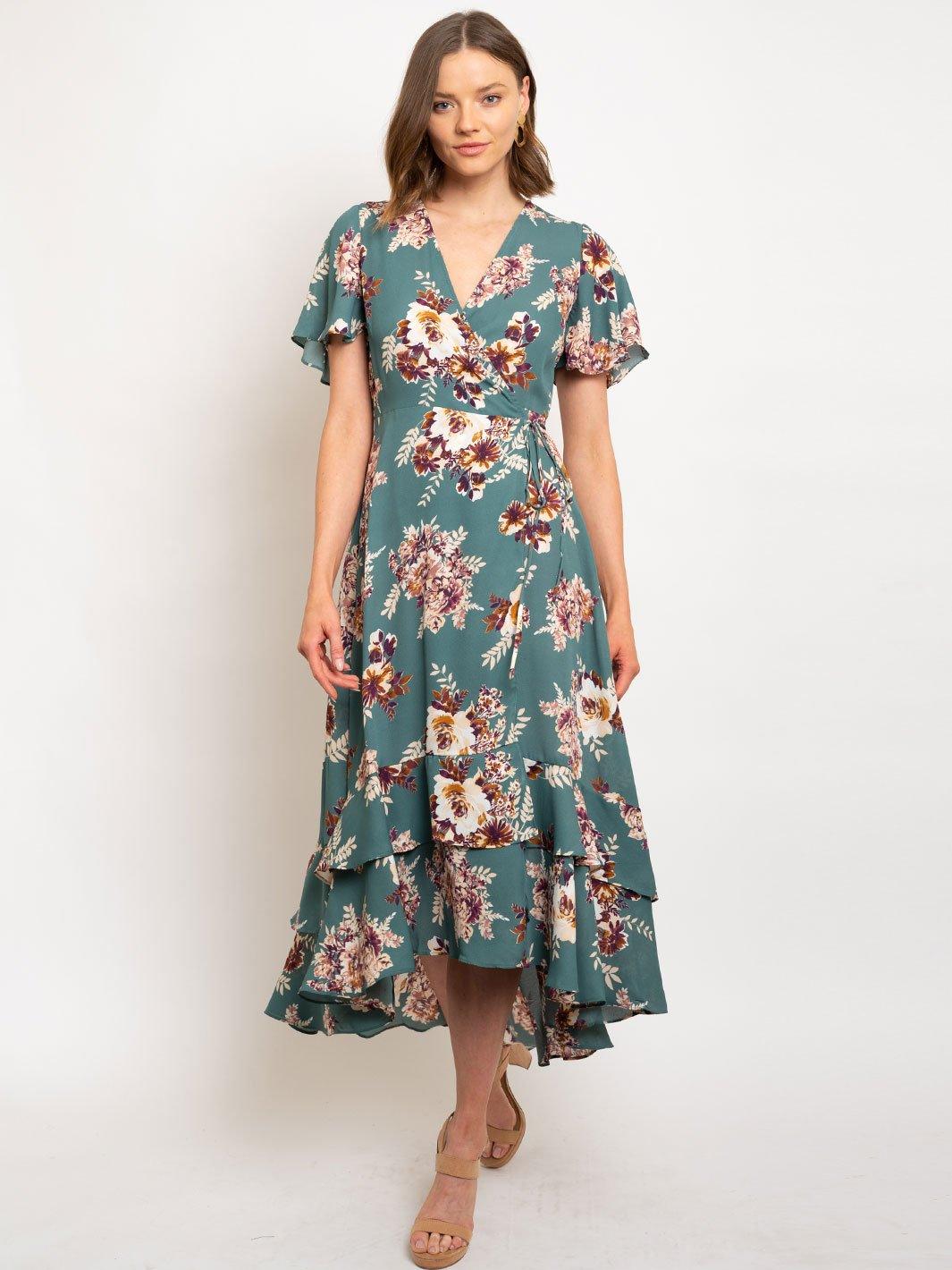WOMEN'S FLOWER PRINT WOOL DOBBY WRAP MIDI DRESS