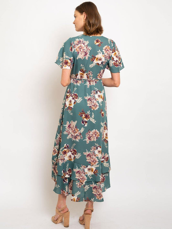 WOMEN'S FLOWER PRINT WOOL DOBBY WRAP MIDI DRESS