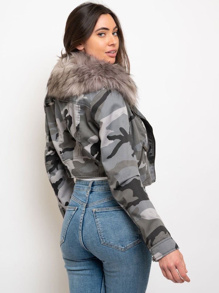 WOMEN'S CROPPED FAUX FUR LINED FAUX LINED COTTON JACKET