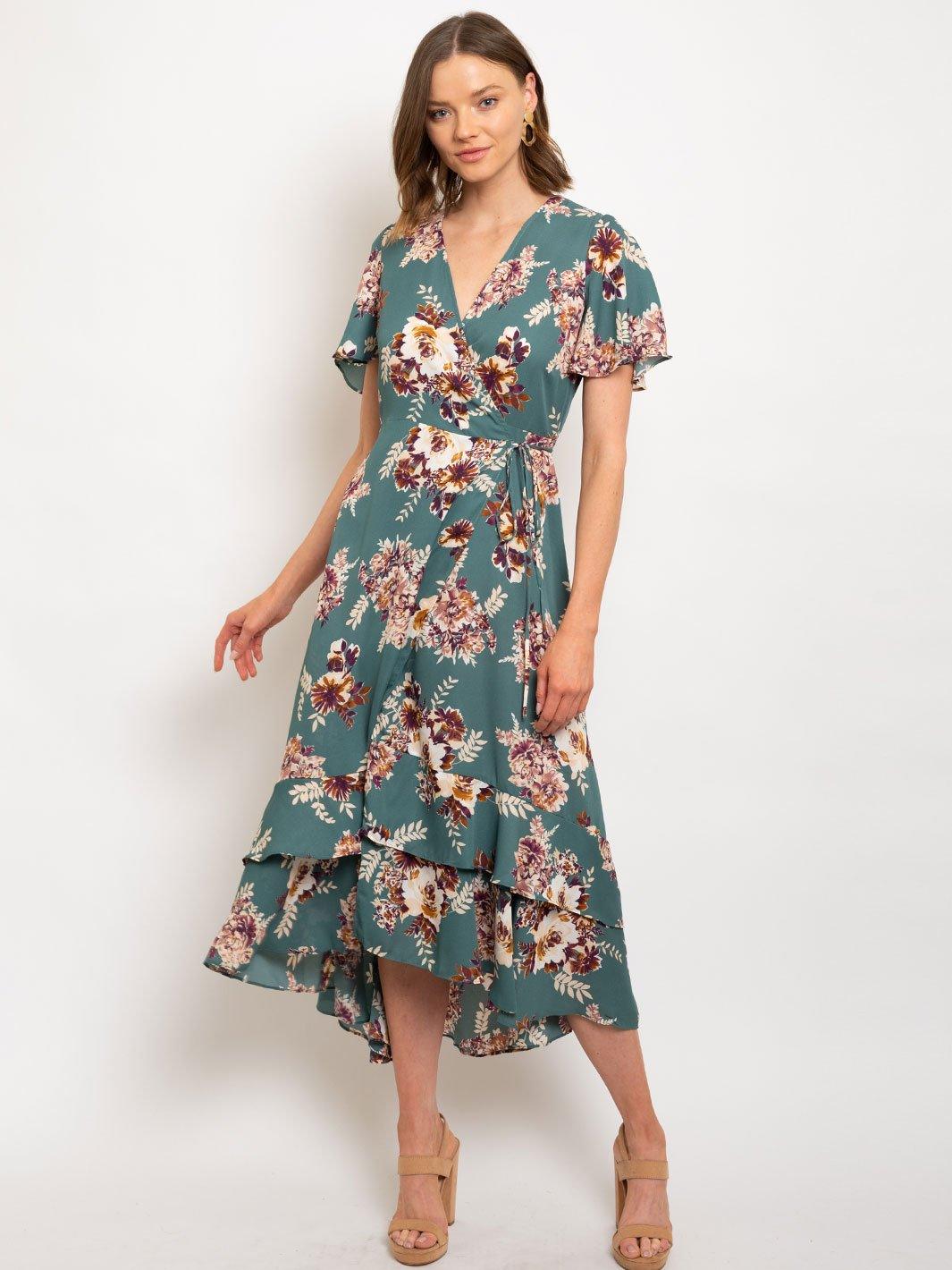 WOMEN'S FLOWER PRINT WOOL DOBBY WRAP MIDI DRESS