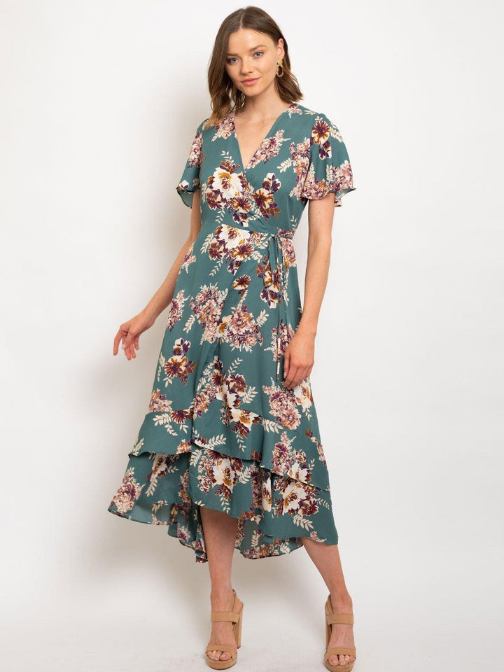 WOMEN'S FLOWER PRINT WOOL DOBBY WRAP MIDI DRESS