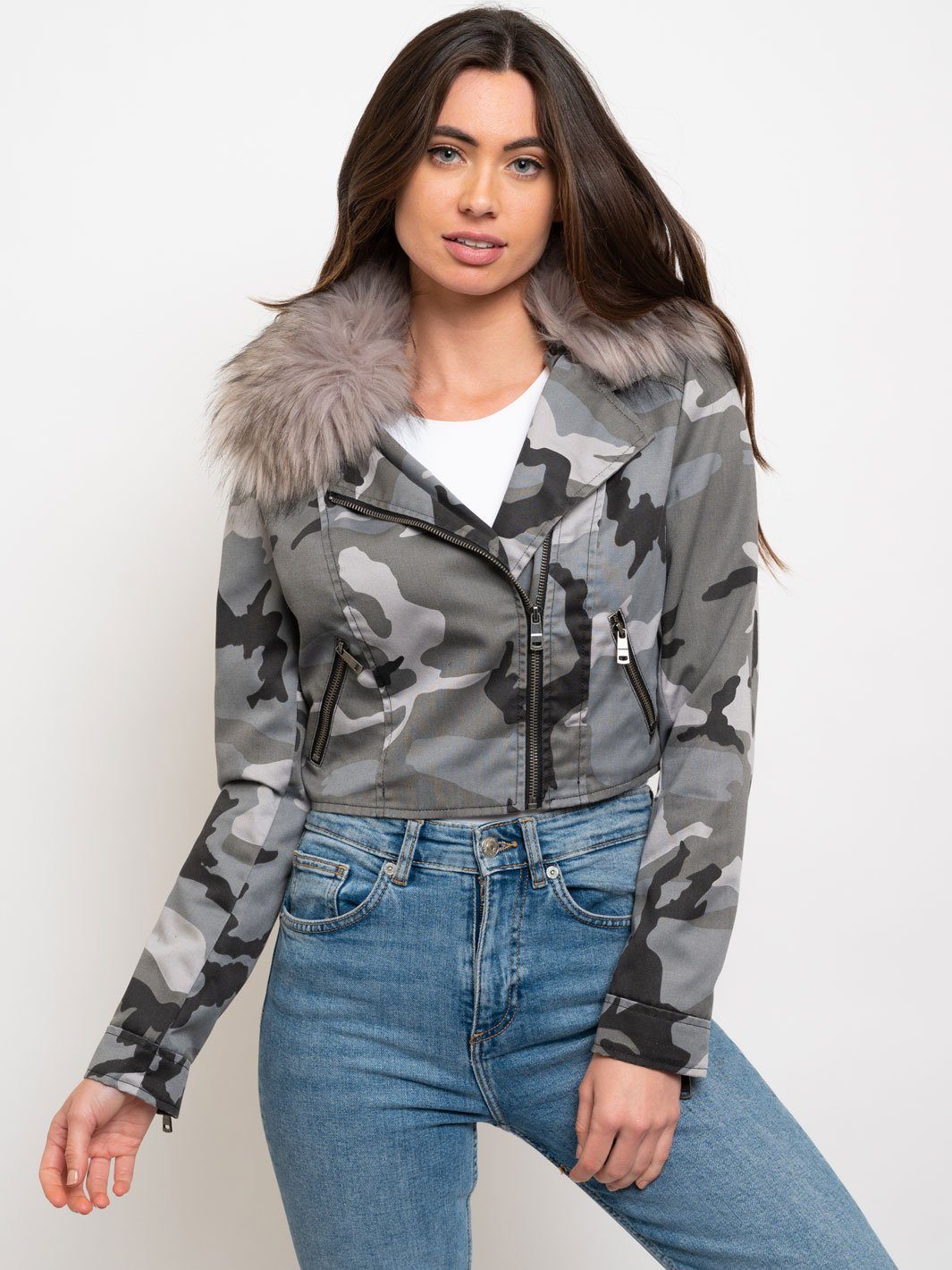 WOMEN'S CROPPED FAUX FUR LINED FAUX LINED COTTON JACKET