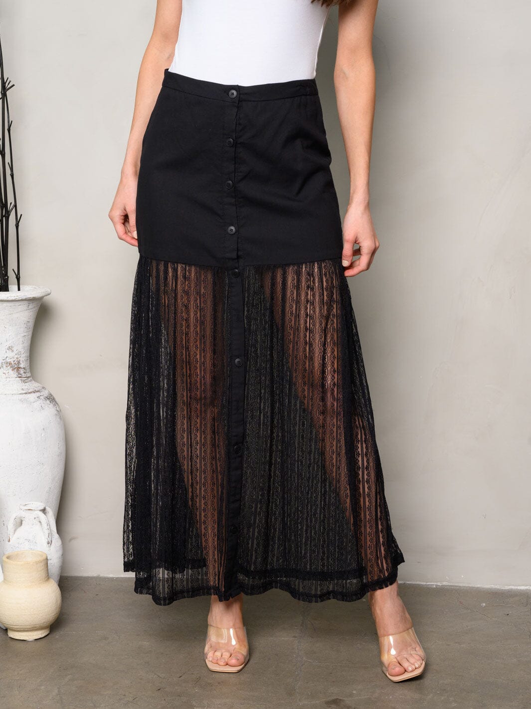 WOMEN'S BUTTONS DETAILED LACE MAXI SKIRT