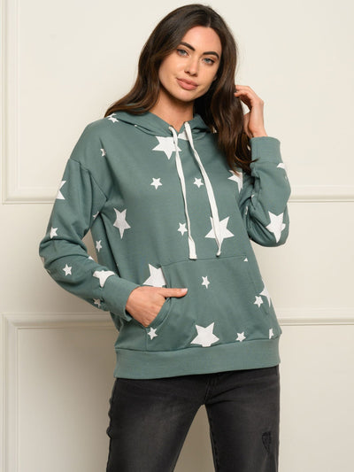 WOMEN'S FRONT POCKET STARS PRINT HOODIE SWEATER