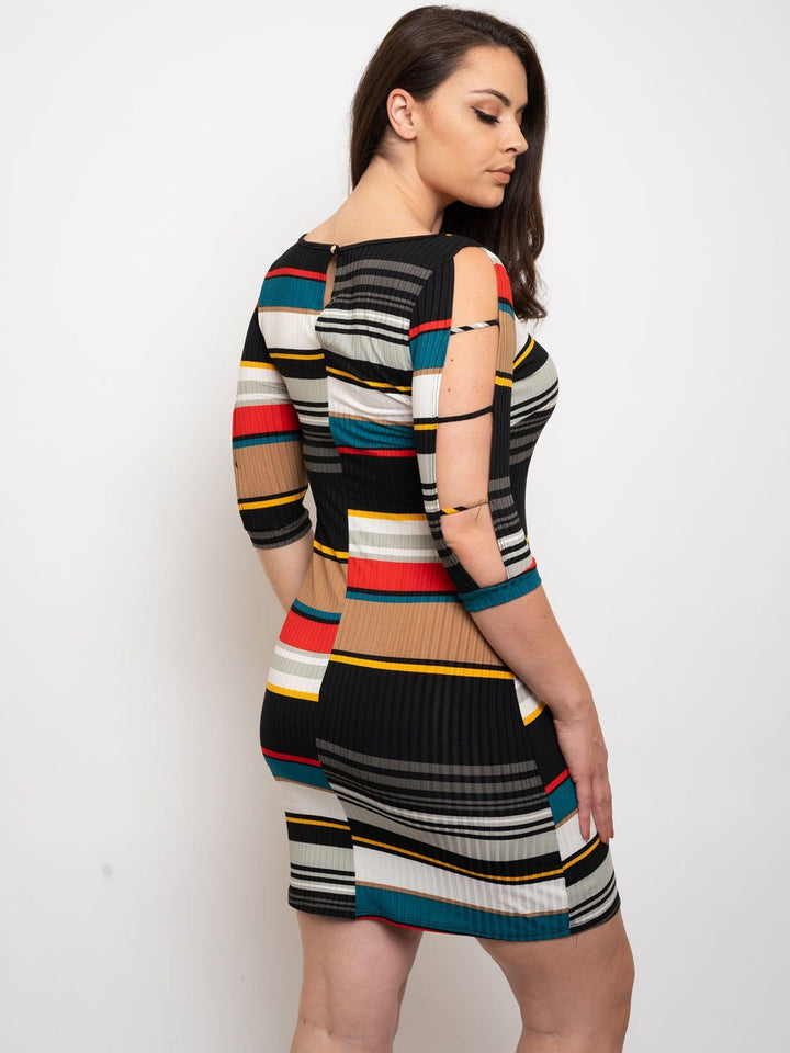 PLUS SIZE MILTI STRIPES RIB SPAGUETTI LACE UP BODYCON DRESS