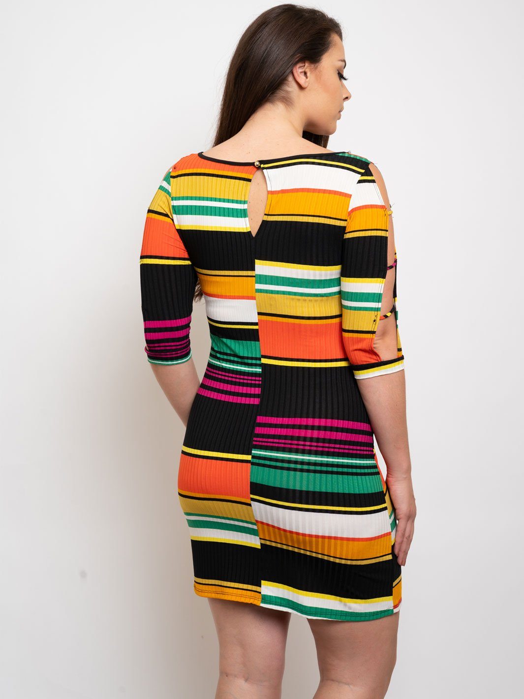 PLUS SIZE MILTI STRIPES RIB SPAGUETTI LACE UP BODYCON DRESS